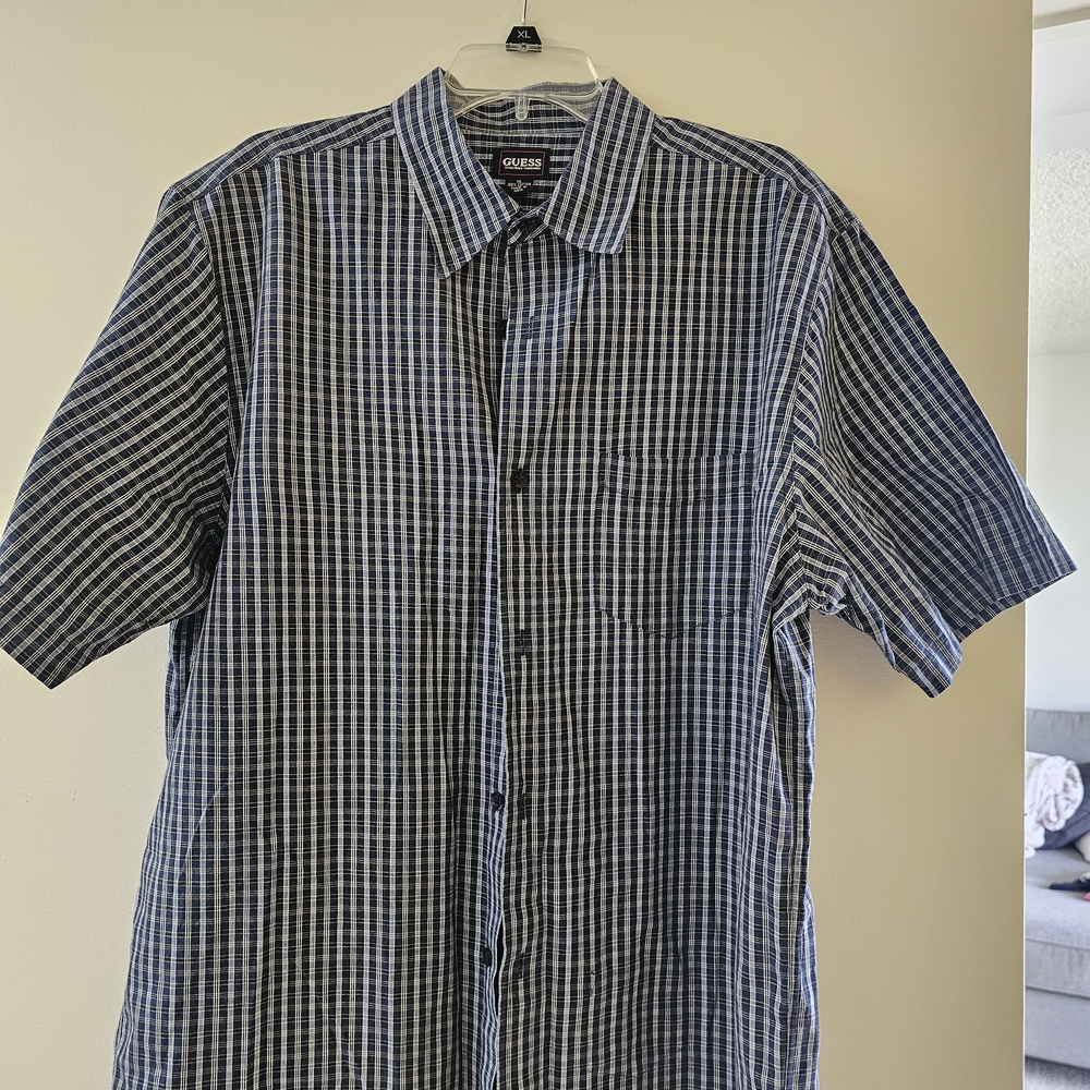 Guess Men's Navy and White Plaid Shirt